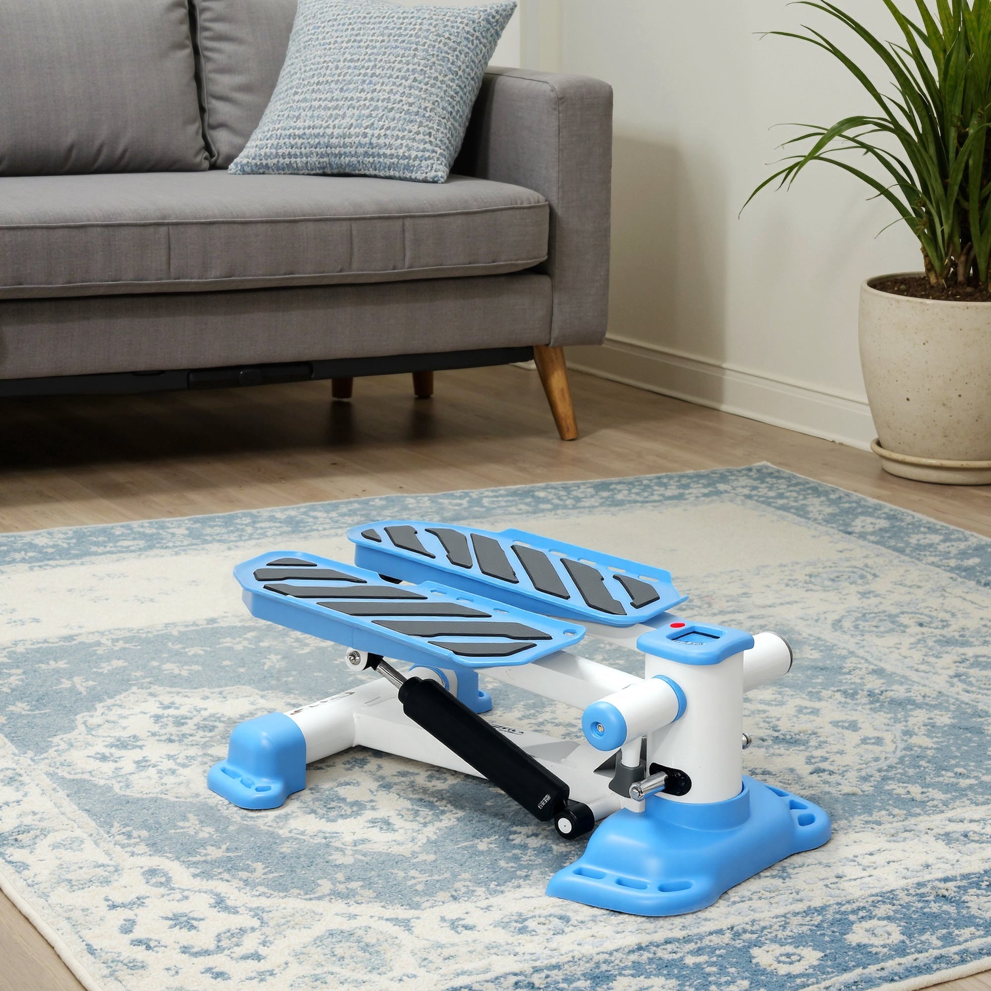 Homcom portable mini stepper in blue and white plastic with black anti-skid foot pedals and lcd display for home workout