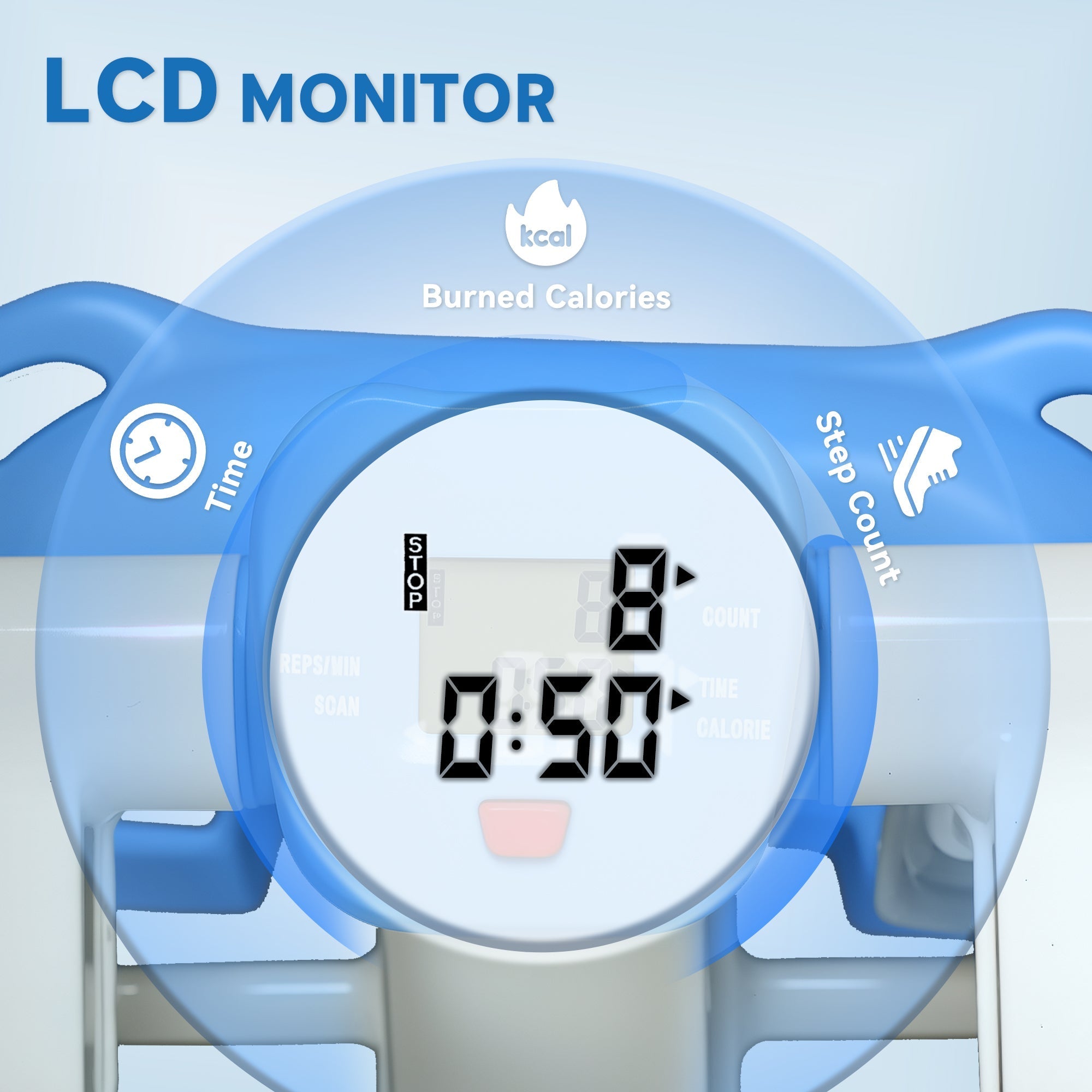 Blue plastic homcom mini stepper with lcd digital display showing time and steps for home gym use