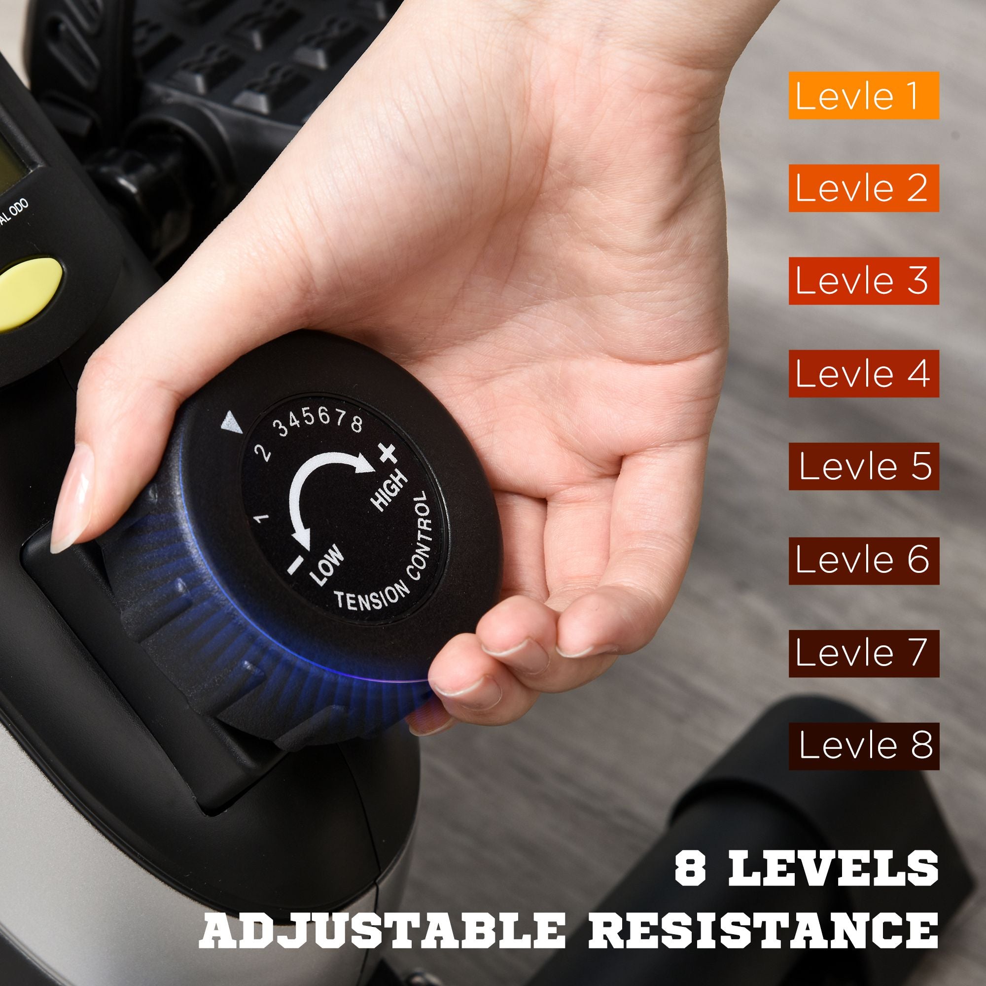 Black circular resistance knob with blue edge and numbers 1 to 8 on homcom pedal exerciser with lcd display