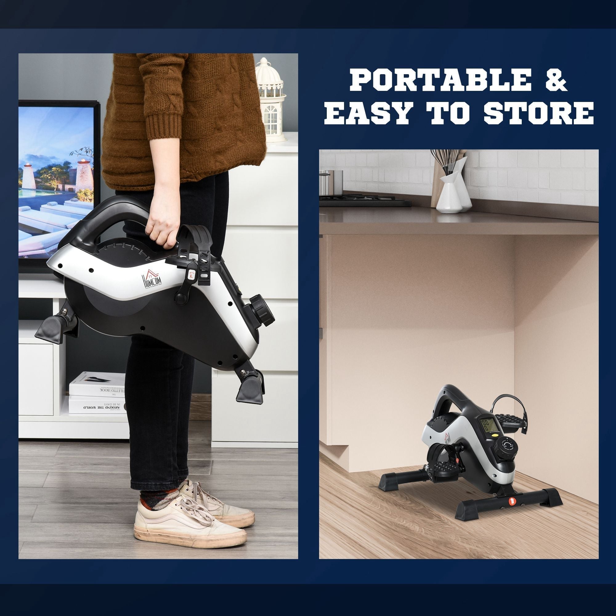 Black and white portable pedal exerciser with lcd display and resistance knob for easy compact storage and sitting workouts