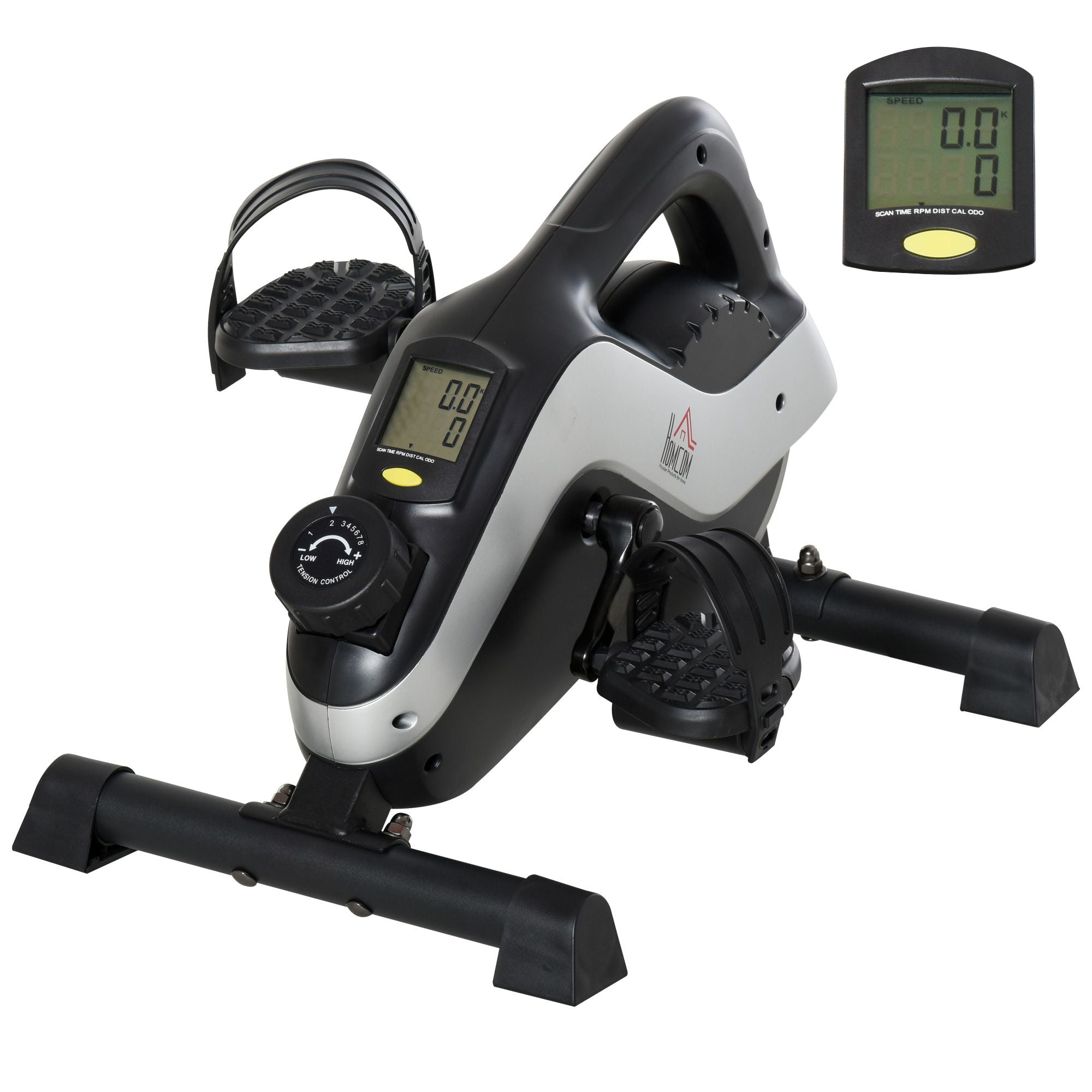 Black and silver HOMCOM portable pedal exerciser with lcd display and resistance knob for sitting down workouts
