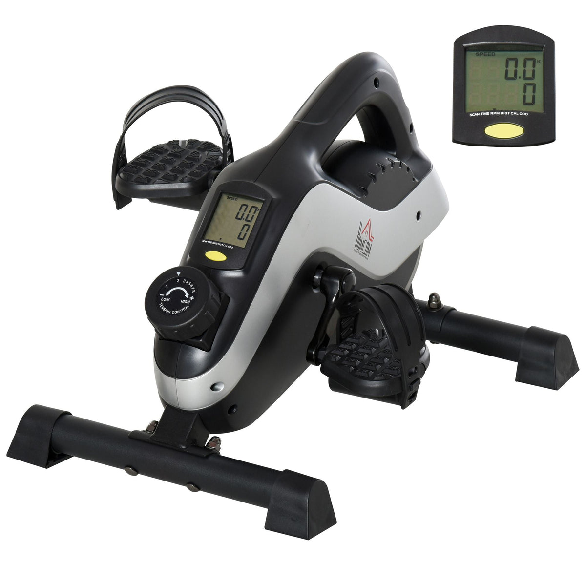 Black and silver HOMCOM portable pedal exerciser with lcd display and resistance knob for sitting down workouts