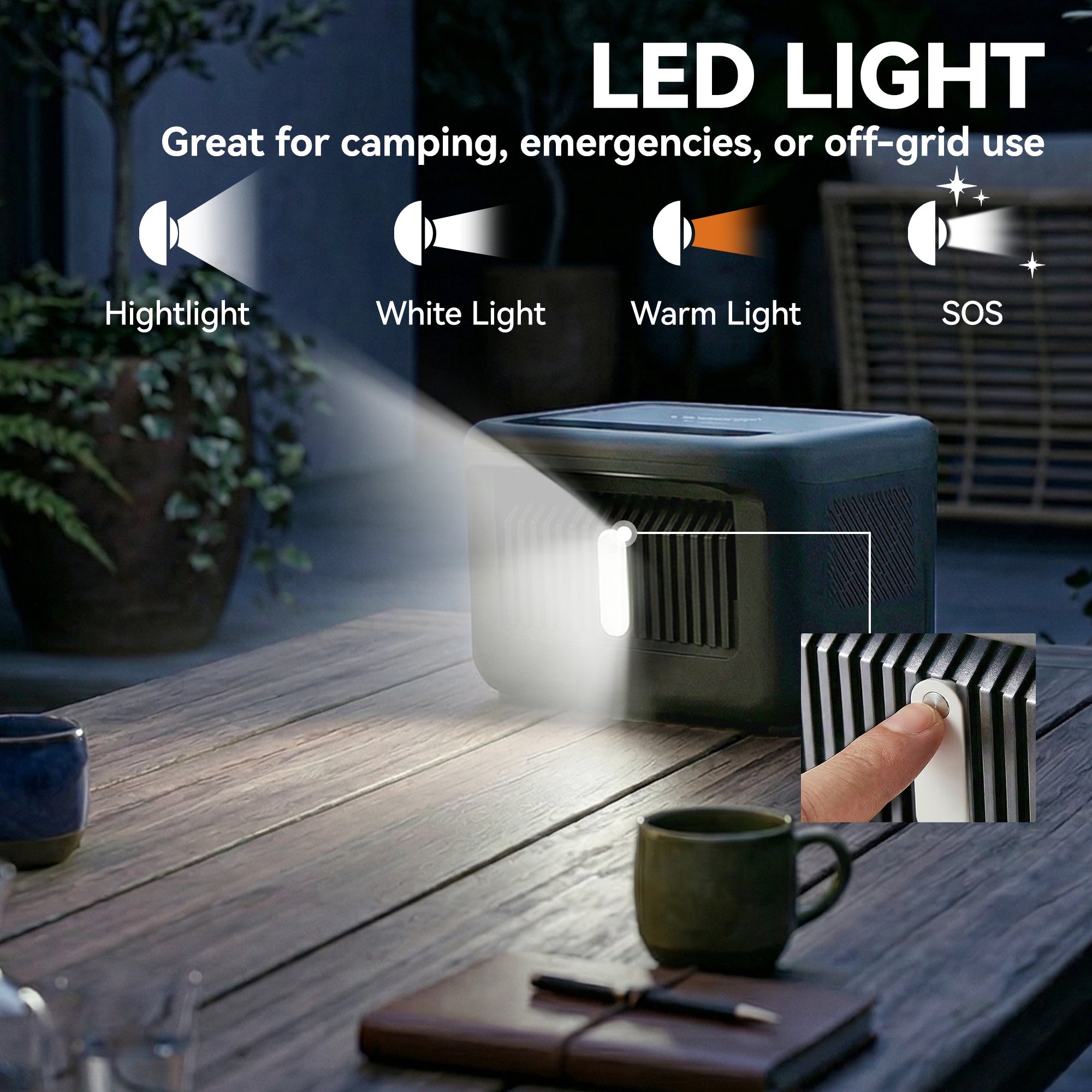 Dark gray rectangular led light projector with multiple modes on homcom portable power station for camping power