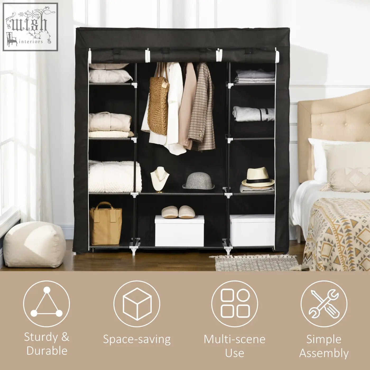 Black homcom portable wardrobe with fabric cover, hanging rail, powder coated steel frame, and shelves for bedroom storage