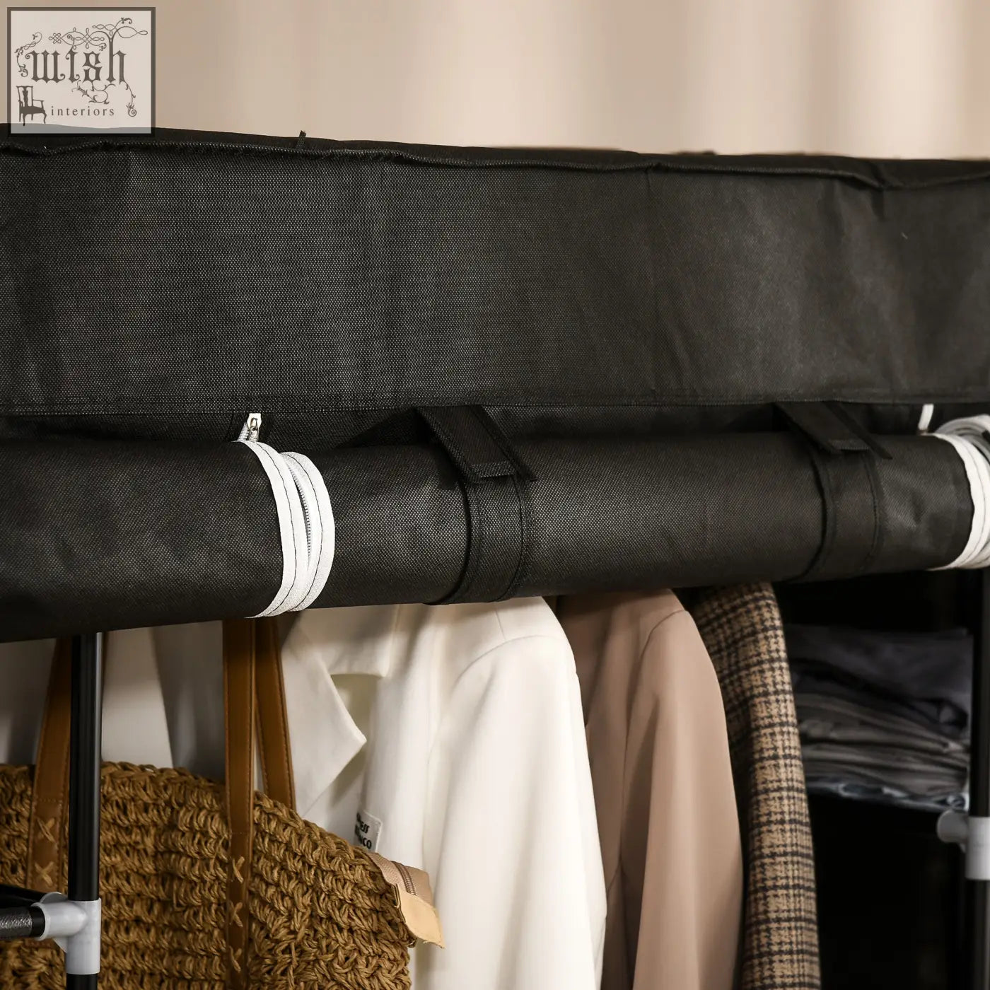 Black homcom portable wardrobe with fabric cover, hanging rail, powder coated steel frame, and reinforced straps