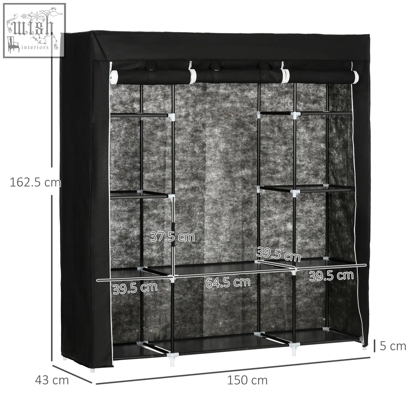 Black homcom portable wardrobe with fabric cover, hanging rail, powder coated steel frame, and multiple shelves for clothes storage
