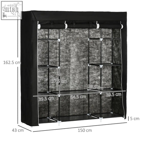 Black homcom portable wardrobe with fabric cover, hanging rail, powder coated steel frame, and multiple shelves for clothes storage
