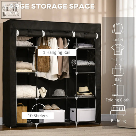 Black homcom portable wardrobe with fabric cover, powder coated steel frame, hanging rail, and ten shelves for clothes storage
