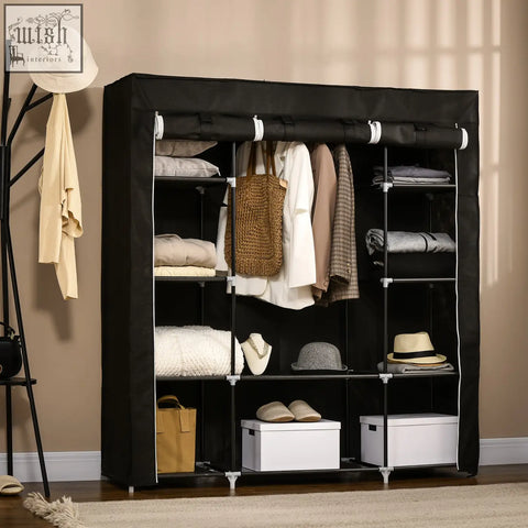 Black homcom portable wardrobe with fabric cover, hanging rail, powder coated steel frame, and shelves for clothes storage