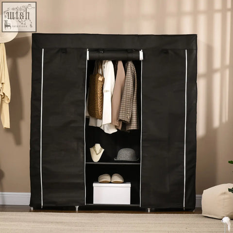 HOMCOM portable wardrobe with black fabric cover, white trim, hanging rail, and powder coated steel frame for clothes storage