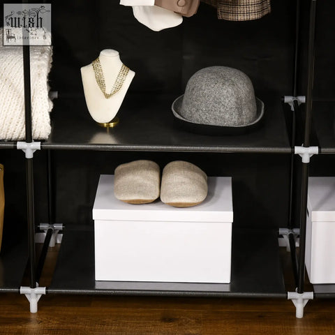 Gray felt bowler hat with rounded crown on a homcom portable wardrobe featuring hanging rail fabric cover and powder coated steel frame