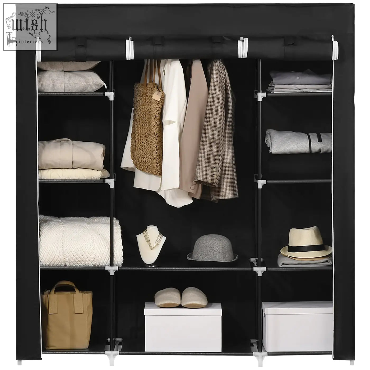 Black homcom portable wardrobe with fabric cover powder coated steel frame hanging rail and shelves for bedroom storage