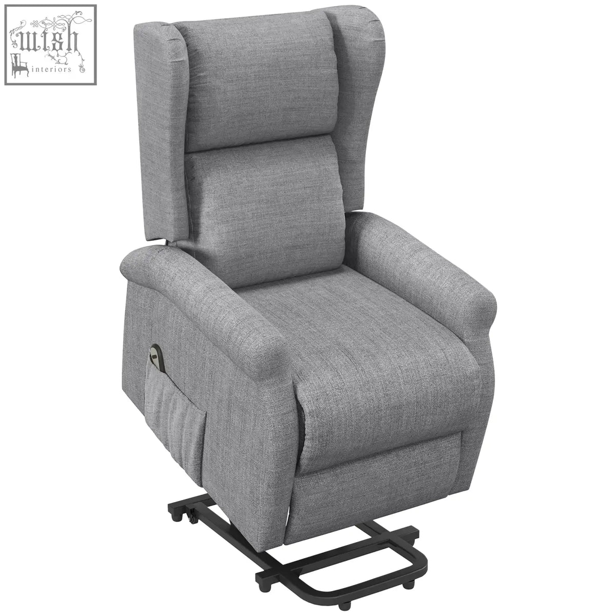Gray upholstered fabric power lift recliner with wingback design and remote control for easy living room comfort