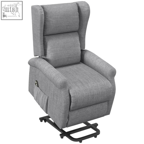 Gray upholstered fabric power lift recliner with wingback design and remote control for easy living room comfort