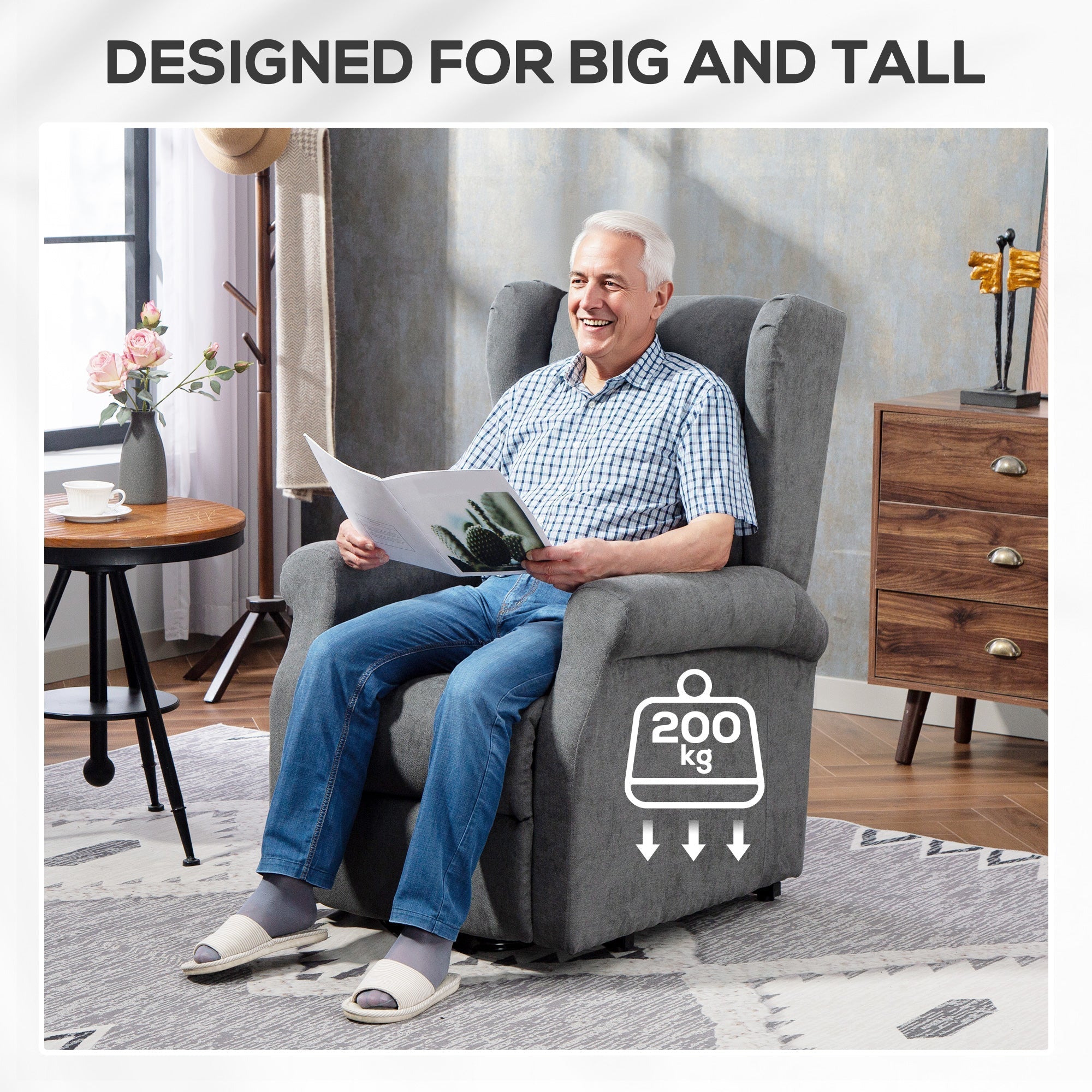 Gray upholstered power lift recliner chair with smooth linen-look fabric and remote control for elderly users