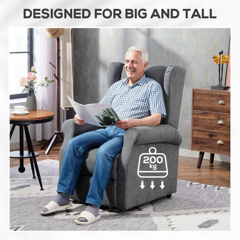 Gray upholstered power lift recliner chair with smooth linen-look fabric and remote control for elderly users