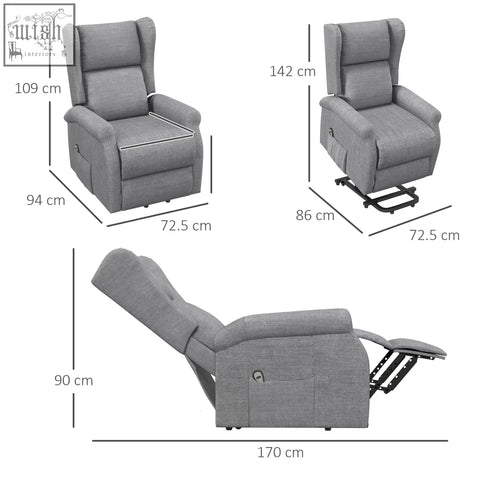 Gray fabric power lift recliner chair with remote control and extended footrest for elderly comfort in living room