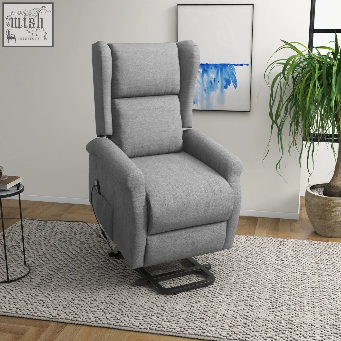 Gray upholstered power lift recliner with remote control fabric riser chair with armrests for elderly living room use