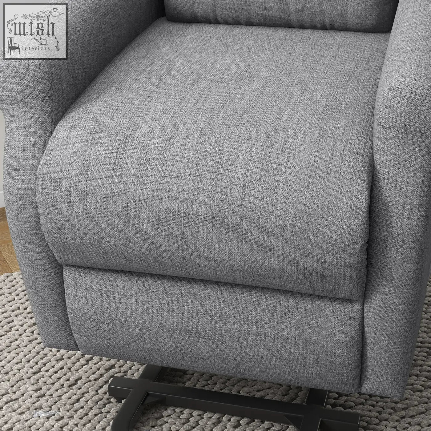 Gray textured fabric power lift recliner with remote control and black metal base for elderly comfort