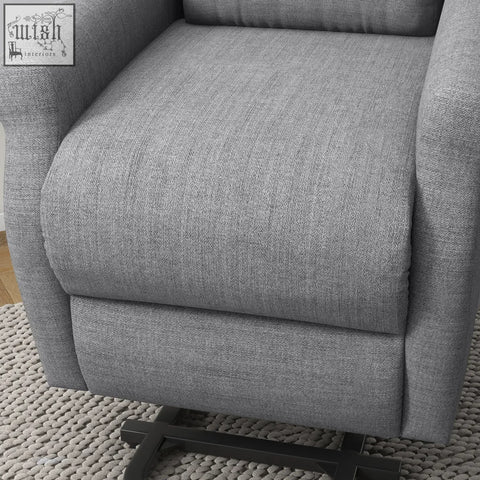 Gray textured fabric power lift recliner with remote control and black metal base for elderly comfort