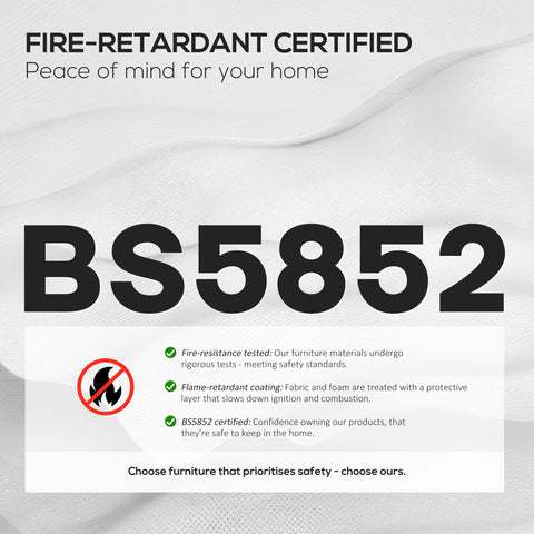 White fabric with subtle texture and bold black bs5852 fire-retardant text on smooth linen-look power lift recliner