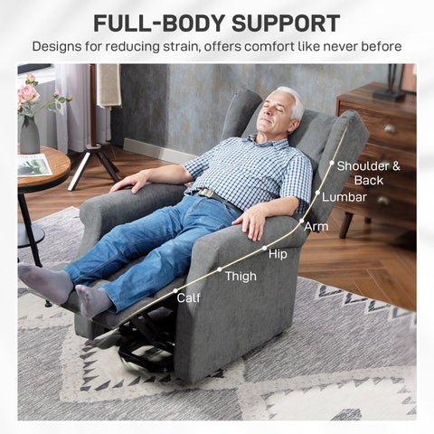 Gray upholstered homcom power lift recliner chair with smooth linen-look fabric and electric remote for easy lifting