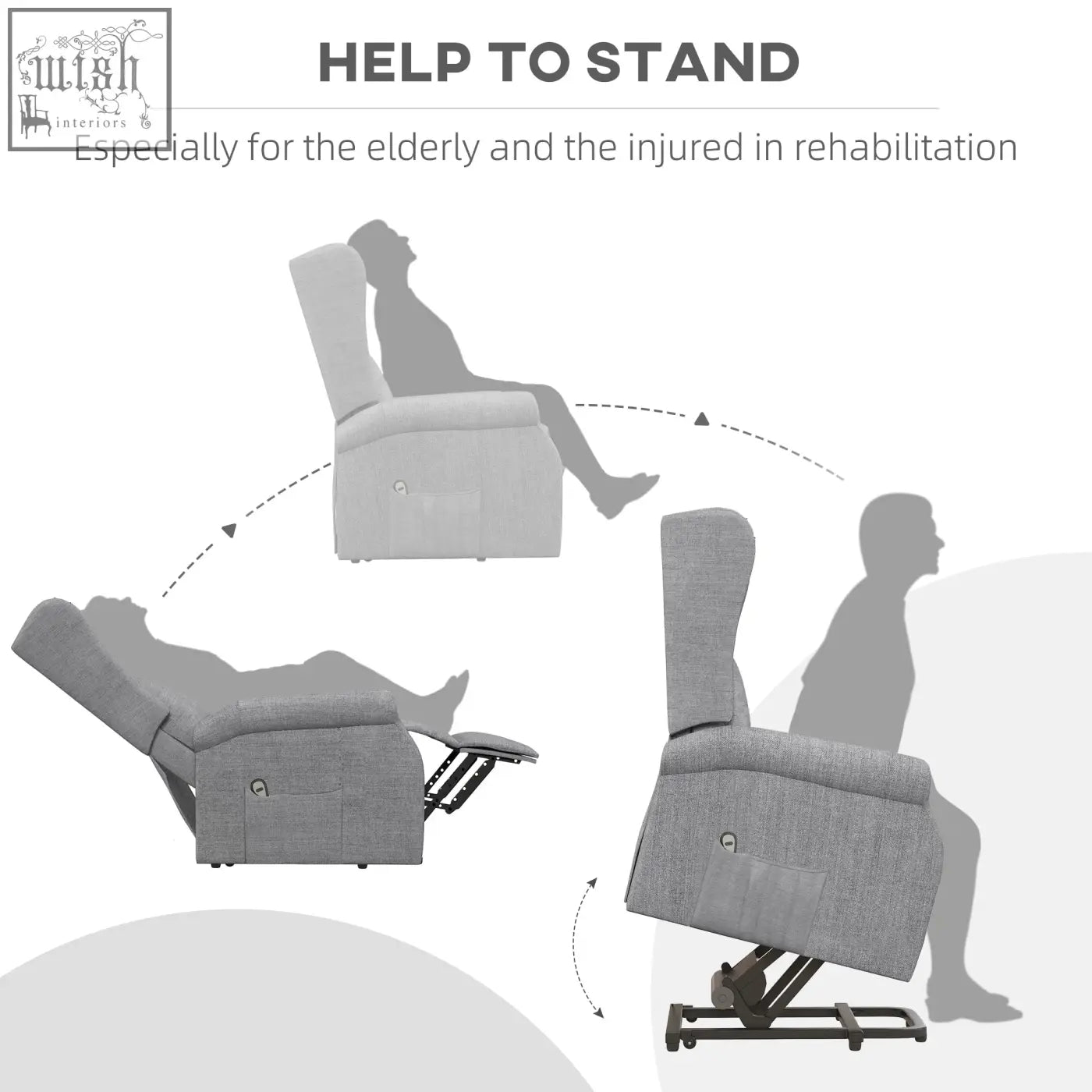 Grey fabric power lift recliner chair with remote control and standing support for elderly living room use