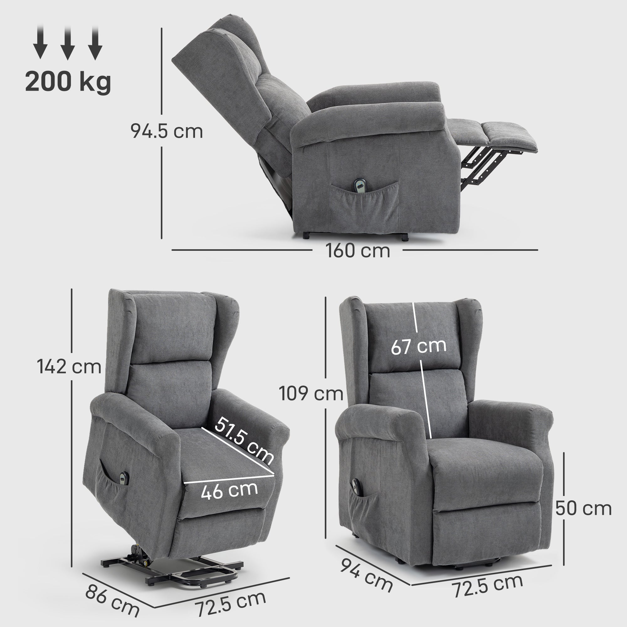 Gray fabric power lift recliner with smooth linen-look upholstery side pockets and remote control for easy lifting