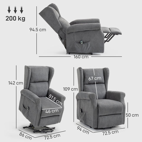 Gray fabric power lift recliner with smooth linen-look upholstery side pockets and remote control for easy lifting