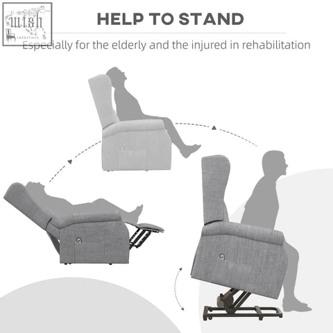 Grey fabric power lift recliner chair with remote control and standing support for elderly living room use