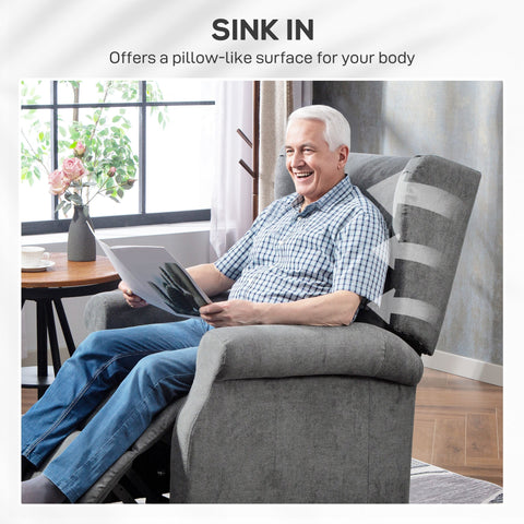 Charcoal grey homcom power lift recliner chair with smooth linen-look upholstery and striped cushioned backrest design