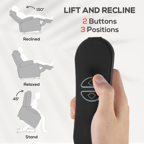 Black remote control with two buttons for adjusting grey velvet electric recliner armchair positions in living room