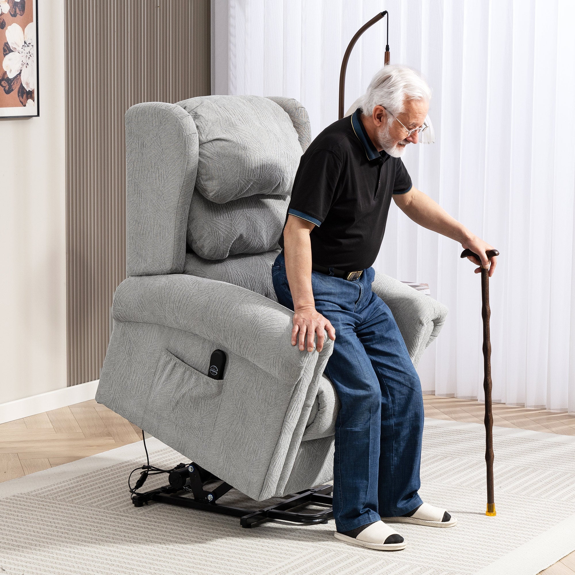Gray velvet HOMCOM power lift recliner armchair with electric recliner and remote control for living room use