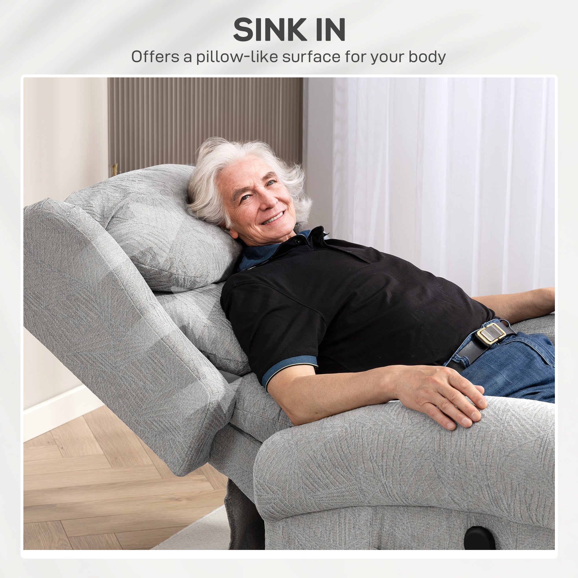 Gray velvet electric recliner armchair with remote control and plush padded back for living room comfort