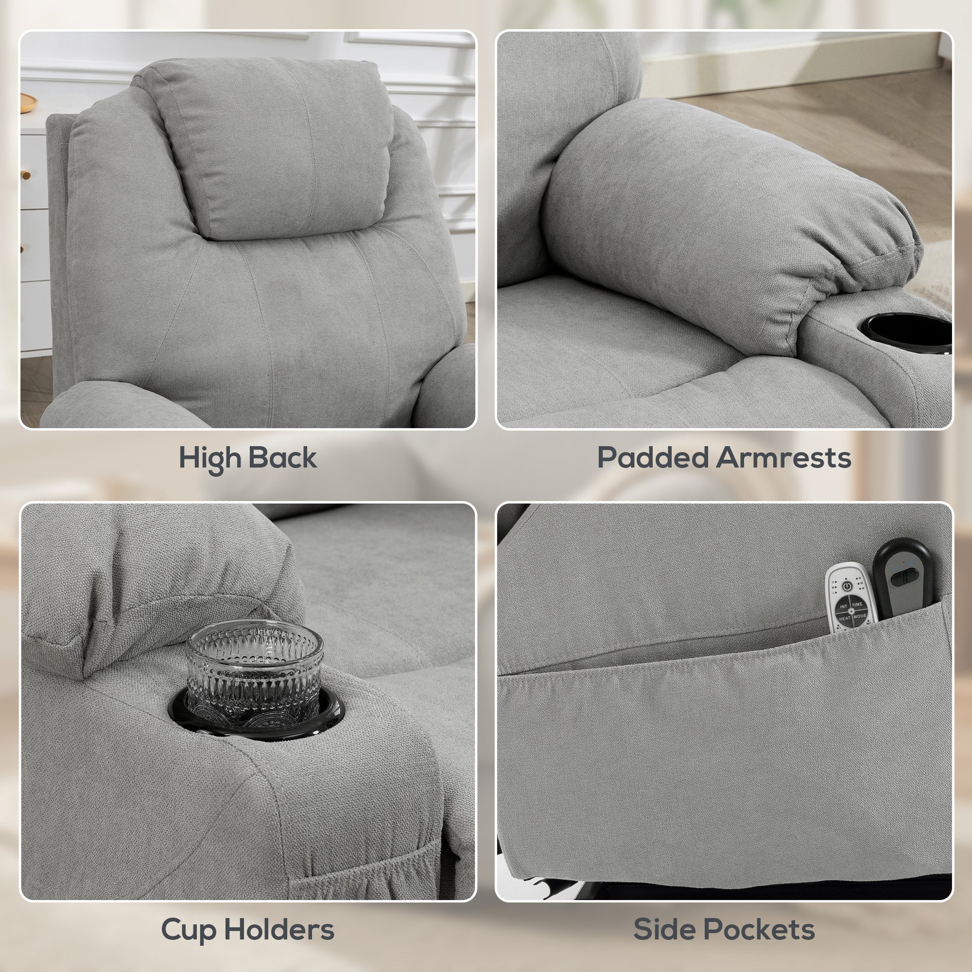 Light grey homcom power lift recliner chair with padded armrests cup holders and side pockets upholstered in fabric