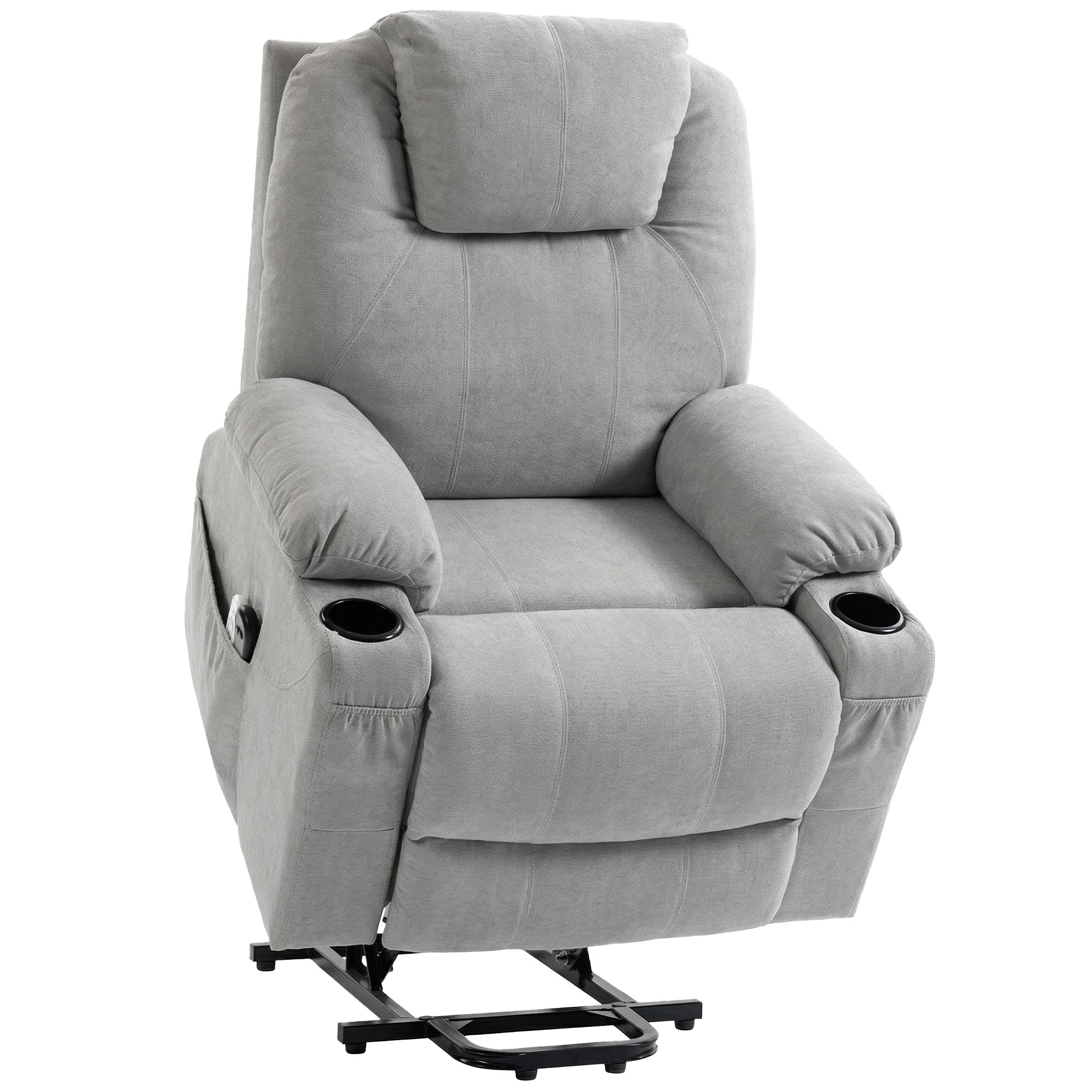 Light grey homcom power lift recliner chair with plush fabric built-in cup holders and black metal base