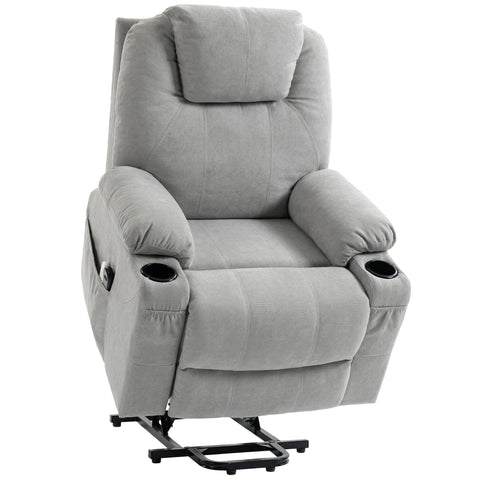 Light grey homcom power lift recliner chair with plush fabric built-in cup holders and black metal base