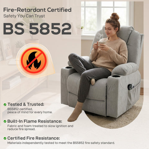 Light grey homcom power lift recliner chair with built-in cup holders and side pockets for added convenience
