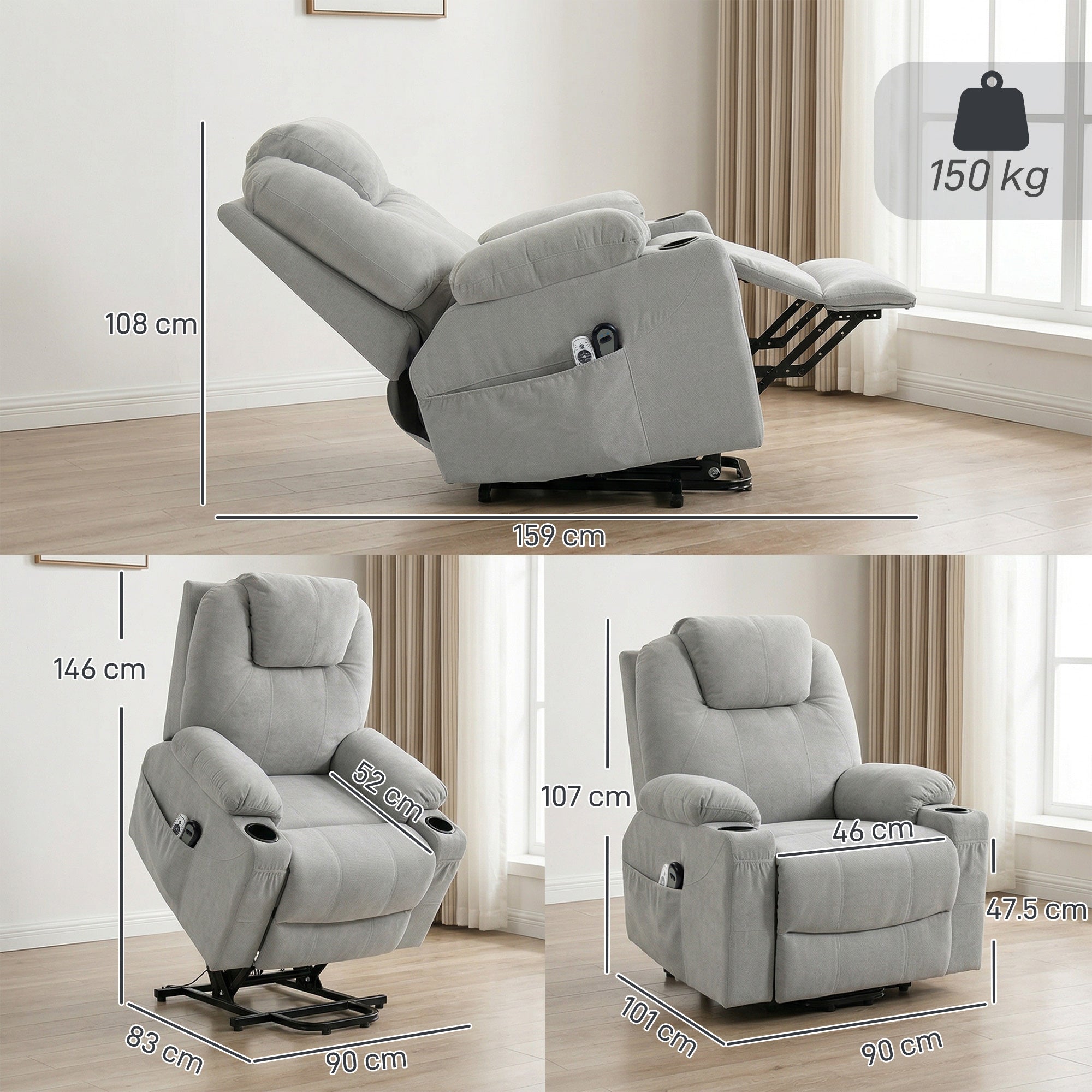 Light grey homcom power lift recliner chair with built-in cup holders and side pockets for easy access