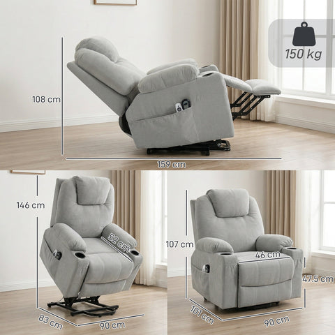 Light grey homcom power lift recliner chair with built-in cup holders and side pockets for easy access