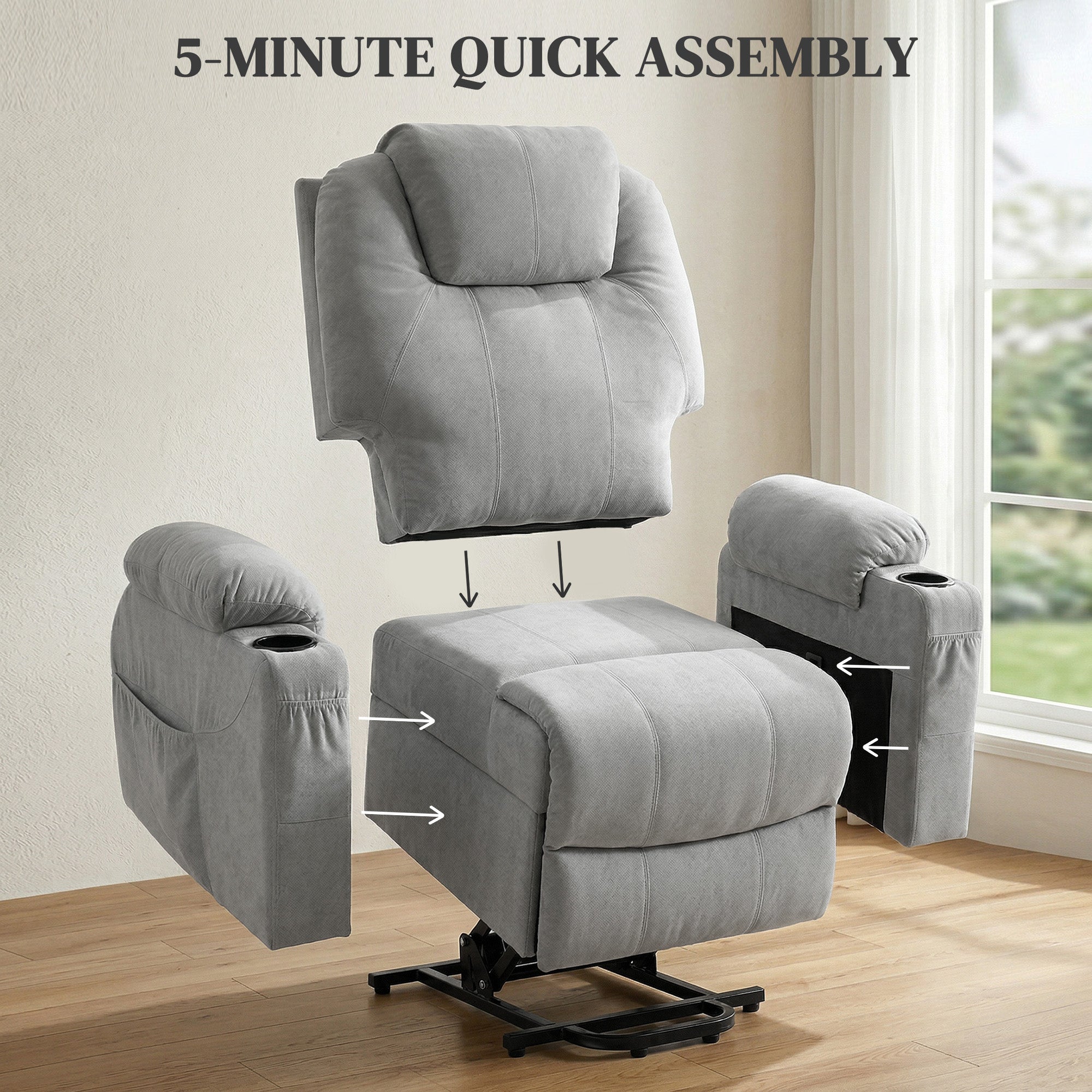 Gray plush power lift recliner with built-in cup holders side pockets light grey electric lift recliner chair