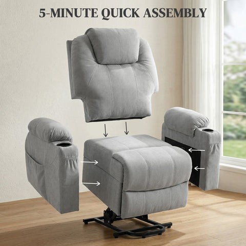 Gray plush power lift recliner with built-in cup holders side pockets light grey electric lift recliner chair