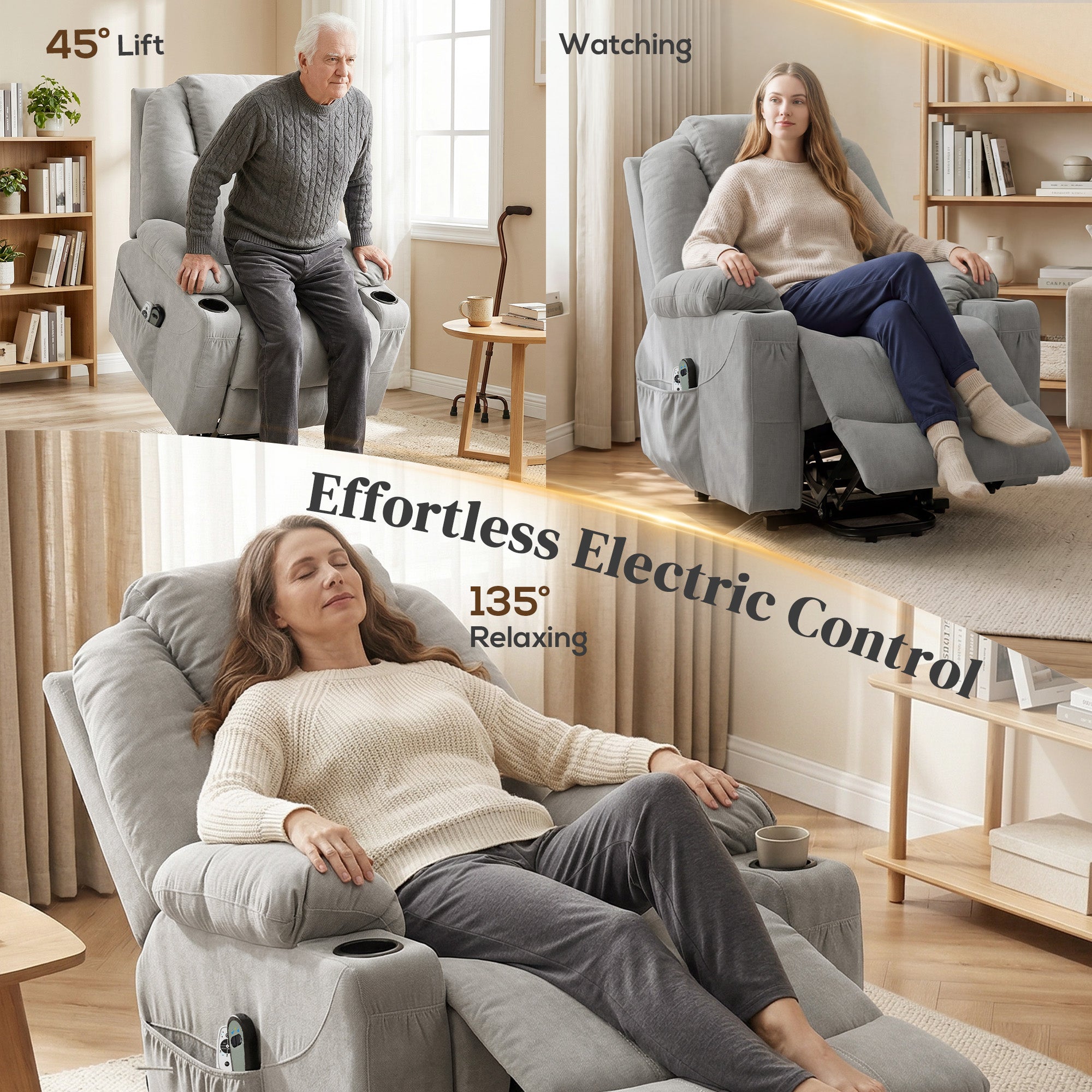Gray fabric power lift recliner chair with cup holders side pockets and wide backrest in light grey