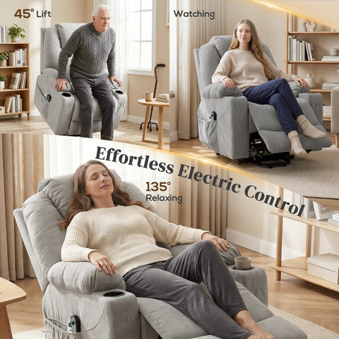 Gray fabric power lift recliner chair with cup holders side pockets and wide backrest in light grey