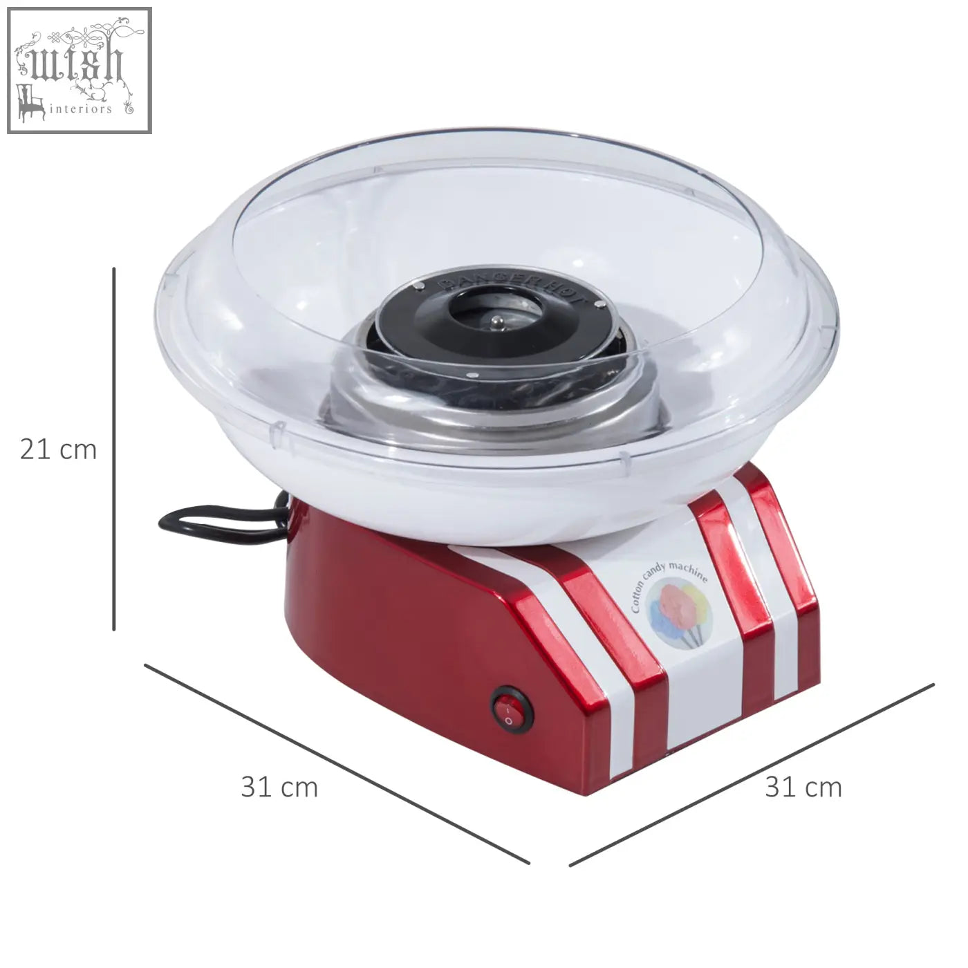Red and white striped HOMCOM professional candy floss machine with food grade stainless steel and clear dome cover