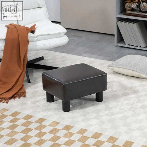 Brown homcom foot stool ottoman cube with black faux leather, wooden frame, and four short plastic legs