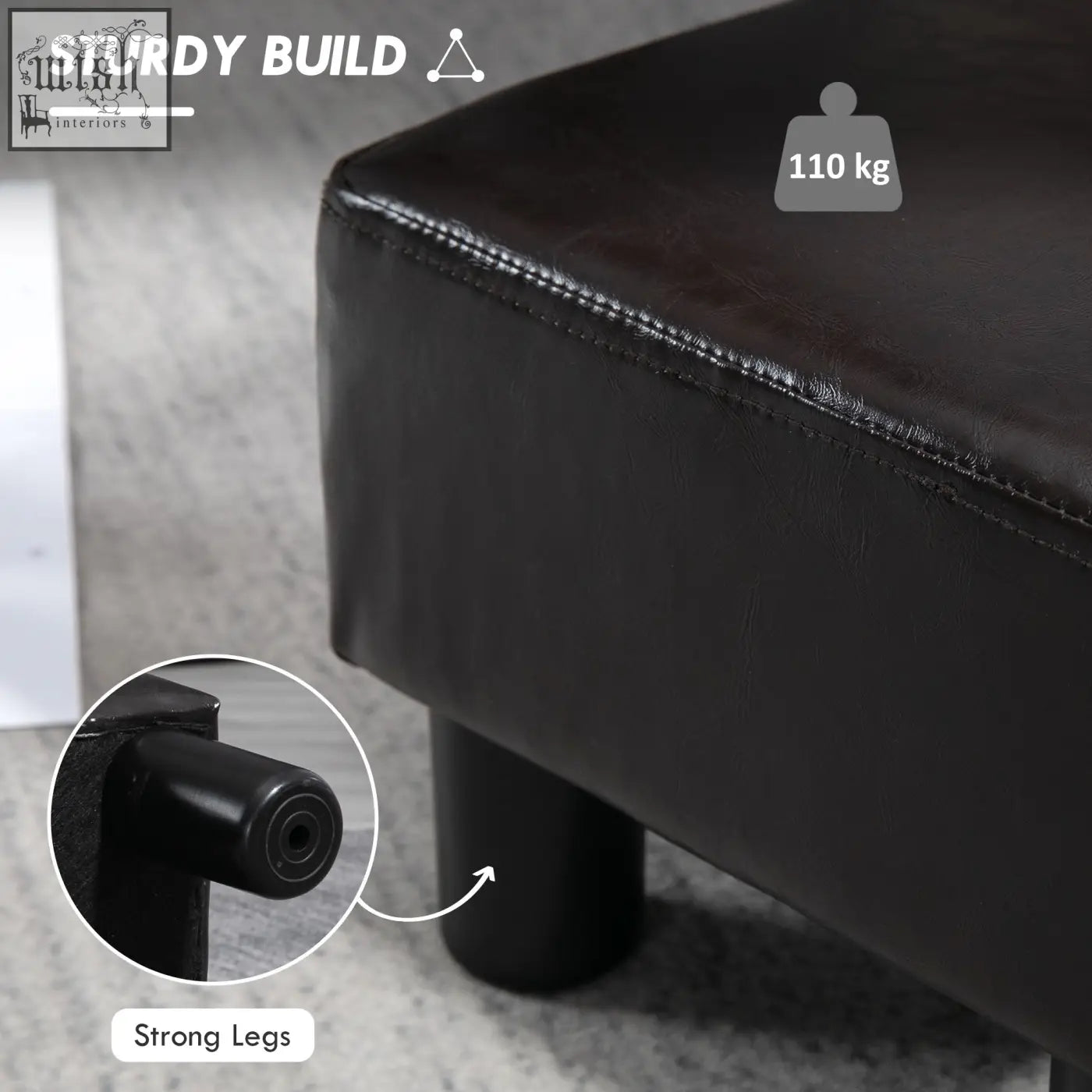 Brown homcom foot stool made of black faux leather with plastic legs and a sturdy wooden frame for extra support
