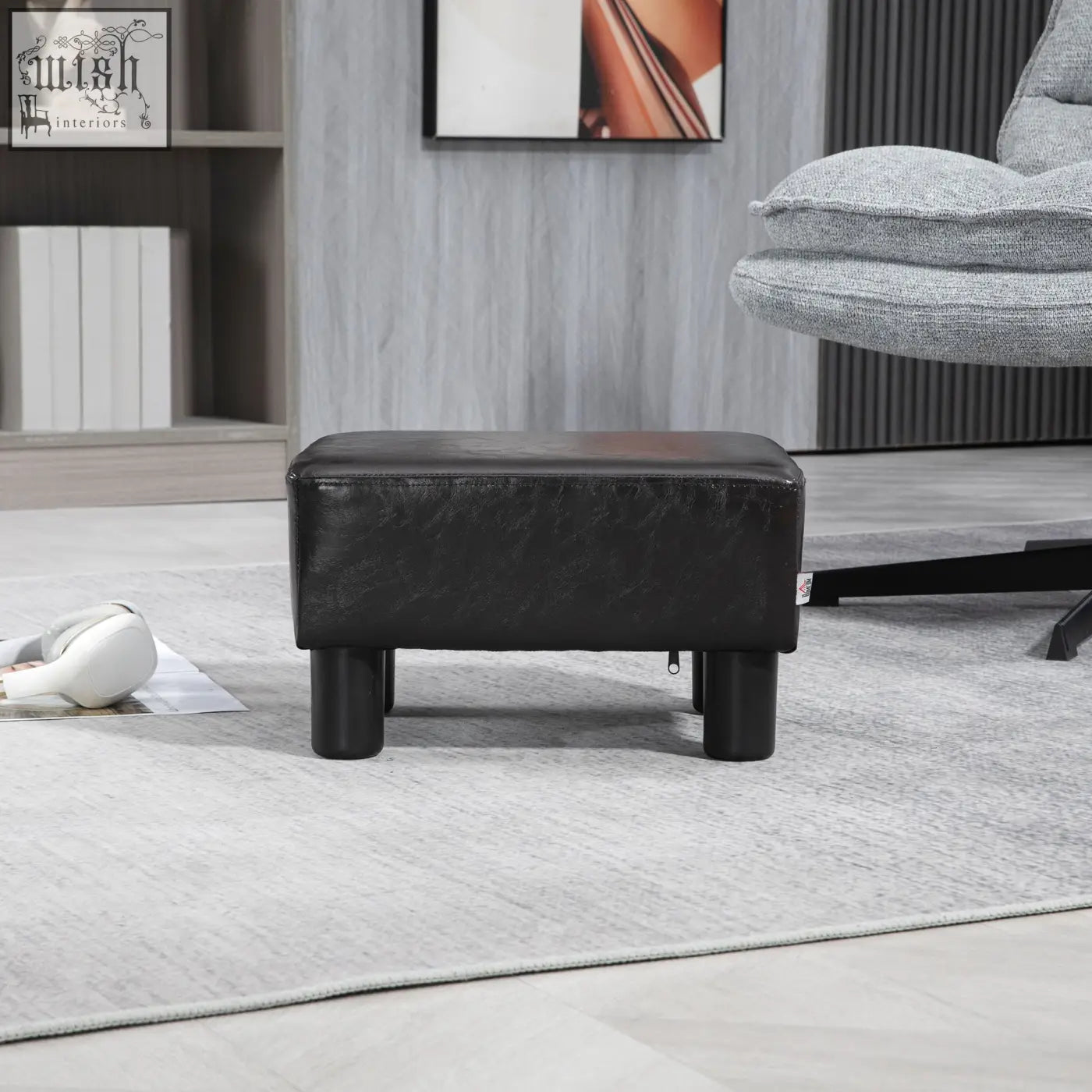 Brown homcom foot stool ottoman cube with black faux leather, wooden frame, and four short plastic legs