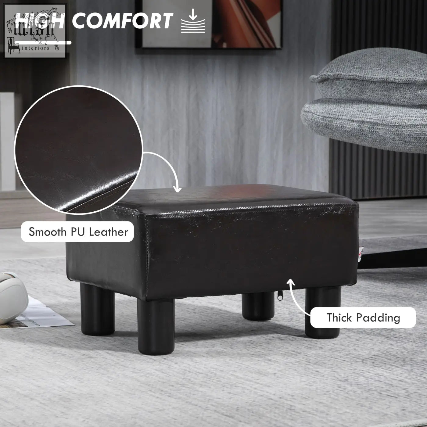 Black smooth pu leather foot stool with thick padding sturdy plastic legs and wooden frame by HOMCOM brown color