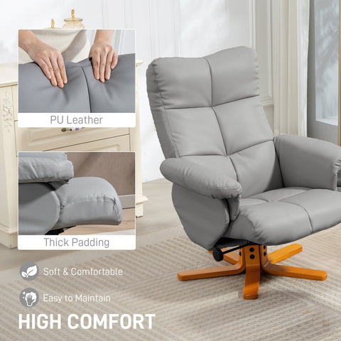 Gray pu leather recliner chair with thick padding and wooden star base offers stylish faux leather comfort for living room